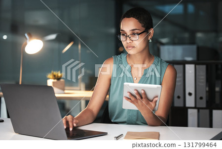 Serious, accountant or black woman at night on laptop and tablet for financial strategy, tax or audit review for company growth. Finance or advisor for planning stock market, investment research Serious, accountant or black woman at night on laptop and tablet for financial strategy, tax or audit review for company growth. Finance or advisor for planning stock market, investment research 131799464