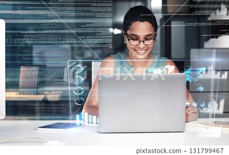 Laptop, hologram hud or business woman review finance chart, stock market database or futuristic night overlay. Forex investment, online data analysis or African trader trading NFT, bitcoin or crypto 131799467