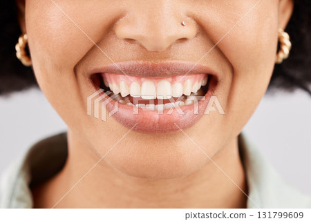 Smile, dental teeth and face of black woman in studio isolated on a white background. Tooth care, cosmetics and happiness of female model or person with lip makeup, gums and oral health for wellness 131799609
