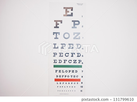 Eye care, chart and background of letters of optometry test, medical consulting or vision exam to see. Poster, character and check eyesight in ophthalmology, healthcare or visual wellness of glaucoma 131799610