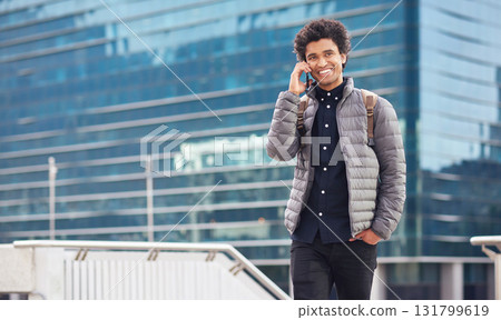 Black man, phone call and walking for city buildings, 5g network connection and travel. Happy business student person with backpack for mockup and talking on smartphone for communication in New York Black man, phone call and walking for city buildings, 5g network connection and travel. Happy business student person with backpack for mockup and talking on smartphone for communication in New York 131799619