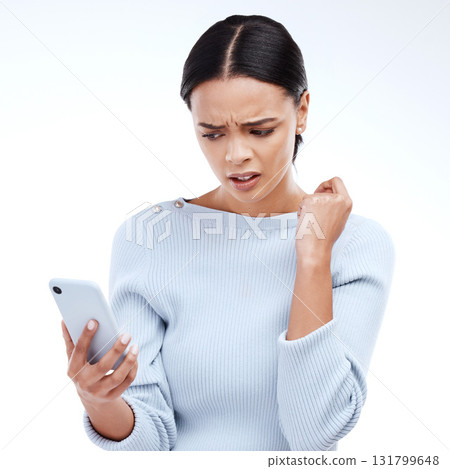 Confused, phone and frustrated woman with mobile glitch or internet problem online isolated in a studio white background. Angry, annoyed and female with 404 error on a cellphone website or web Confused, phone and frustrated woman with mobile glitch or internet problem online isolated in a studio white background. Angry, annoyed and female with 404 error on a cellphone website or web 131799648
