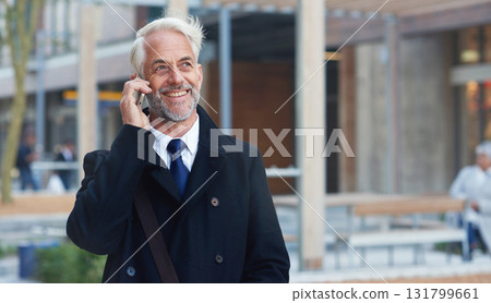 City, phone call and smile, mature man or lawyer outside law firm, successful discussion on legal advice. Ceo, boss or businessman on sidewalk at court with 5g smartphone, crm or conversation. 131799661