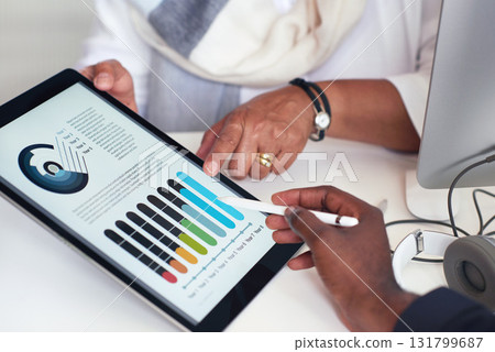 Teamwork, marketing agency or business people hands on tablet in meeting for company growth, strategy review or innovation in office. Startup worker for SEO, schedule or planning calendar research 131799687