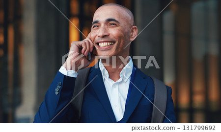 City, phone call and smile on sidewalk, businessman or lawyer outside law firm, successful legal advice. Ceo, man or happy boss with communication, 5g and smartphone, crm or networking conversation. 131799692