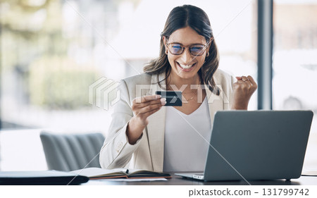 Fintech, credit card and yes with woman and laptop in office for savings, investment or online shopping sale. Success, finance and ecommerce with customer and website for deal, payment and winner Fintech, credit card and yes with woman and laptop in office for savings, investment or online shopping sale. Success, finance and ecommerce with customer and website for deal, payment and winner 131799742