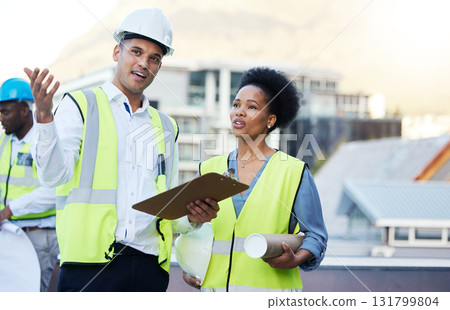 Engineering, clipboard and construction workers planning project in collaboration on outdoor site. Teamwork, professional and industrial employees with checklist for maintenance, repairs or building. 131799804