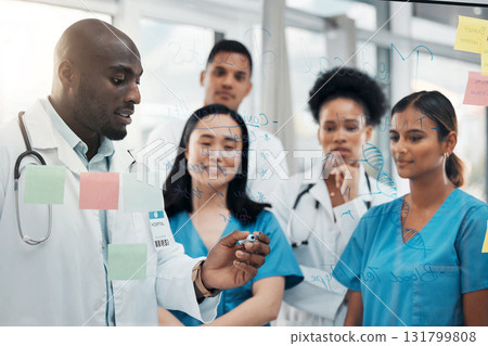 Brainstorming, consulting and teamwork with doctors in meeting for writing, medical and strategy with sticky note board. Healthcare, planning and idea with group of people for goals, medicine or data 131799808