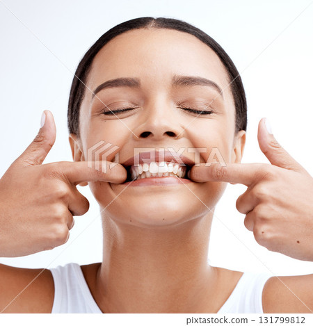 Dental, woman and mouth care in studio for teeth whitening, hygiene and treatment on white background. Oral, cleaning and girl happy with invisible braces, veneers and tooth implants procedure Dental, woman and mouth care in studio for teeth whitening, hygiene and treatment on white background. Oral, cleaning and girl happy with invisible braces, veneers and tooth implants procedure 131799812