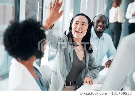 Success, teamwork and high five with asian woman in call center for customer support, contact us and communication. Winner, goals and target with people in office for deal, consulting and help desk Success, teamwork and high five with asian woman in call center for customer support, contact us and communication. Winner, goals and target with people in office for deal, consulting and help desk 131799833