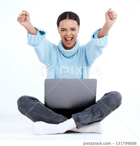 Winner portrait, laptop and happy woman celebrate victory news, winning achievement or finished project. Celebration cheers, student success or excited studio person isolated on white background 131799886