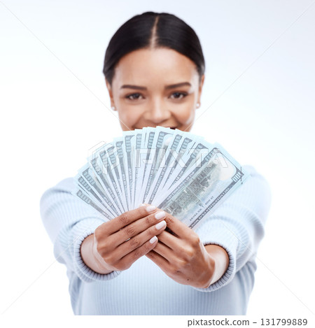 Dollar money, studio portrait or woman face with lottery win, competition giveaway or cash dollar award. Finance trading, salary or prize winner of poker, deal or casino gambling on white background Dollar money, studio portrait or woman face with lottery win, competition giveaway or cash dollar award. Finance trading, salary or prize winner of poker, deal or casino gambling on white background 131799889