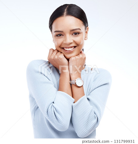 Happy, beautiful and the portrait of a stylish woman isolated on a white background in a studio. Smile, gorgeous and a girl looking confident, elegant and cheerful on a backdrop with happiness Happy, beautiful and the portrait of a stylish woman isolated on a white background in a studio. Smile, gorgeous and a girl looking confident, elegant and cheerful on a backdrop with happiness 131799931