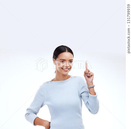 Marketing woman, portrait smile and pointing up at promo information, mock up branding space or advertisement mockup. Brand logo, female presentation or studio model isolated on white background Marketing woman, portrait smile and pointing up at promo information, mock up branding space or advertisement mockup. Brand logo, female presentation or studio model isolated on white background 131799939