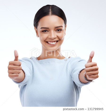 Woman, thumbs up and portrait isolated on a white background success, thank you and support, like or vote. Winner business person with yes, ok and agreement hands sign or emoji for winning in studio 131799945