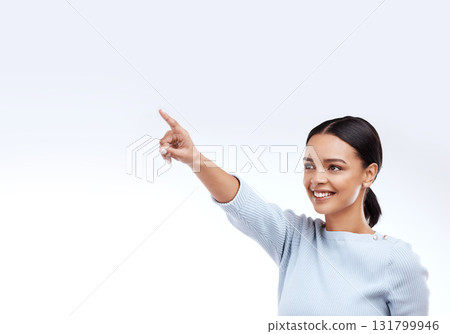 Mock up, happy and studio woman point at direction mock up, sales promotion information or advertising copy space. Brand commercial offer, presentation or female marketing gesture on white background Mock up, happy and studio woman point at direction mock up, sales promotion information or advertising copy space. Brand commercial offer, presentation or female marketing gesture on white background 131799946