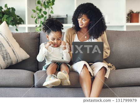 Black family, child and funny selfie with technology on home couch for remote work or online education. Woman or mother and kid on tablet and laptop internet for learning development, games and movie Black family, child and funny selfie with technology on home couch for remote work or online education. Woman or mother and kid on tablet and laptop internet for learning development, games and movie 131799979