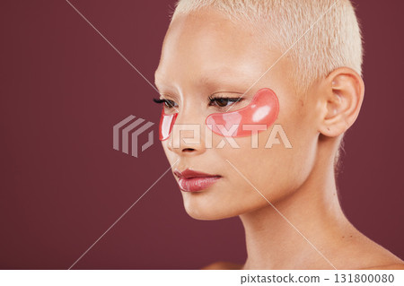 Eye patch, relax and spa beauty of black woman doing face cleaning and wellness facial. Calm, skin glow and mockup of a young model in a studio for dermatology, collagen and self care treatment Eye patch, relax and spa beauty of black woman doing face cleaning and wellness facial. Calm, skin glow and mockup of a young model in a studio for dermatology, collagen and self care treatment 131800080