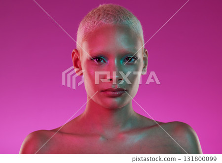Skincare, beauty and woman with neon face makeup and lights for creative advertising on pink background. Cyberpunk, product placement and model isolated for skin care and futuristic mock up in studio 131800099