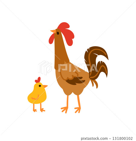 Brown rooster standing with a yellow chick simple flat illustration isolated on white. Domestic birds with red combs and orange beaks. Great for kids content, nursery prints, farm and animal designs 131800102