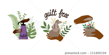 Eco and Ethical Cosmetics Set. Cruelty Free, Vegan, Zero-Waste, Refill and Natural Beauty Illustrations. Recycled Packaging, Clean Beauty Concept 131800104