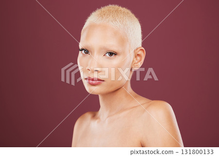 Skincare, beauty and portrait of woman with mockup, cosmetics and luxury skin product on studio background. Dermatology, spa facial makeup and model isolated with mock up, anti ageing care and glow. 131800133