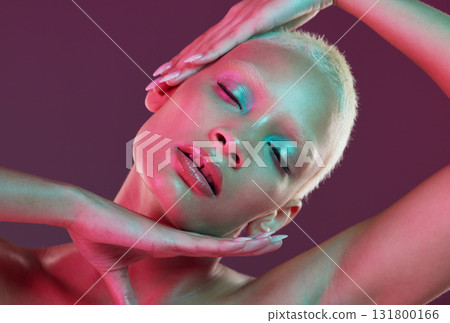 Cyberpunk, neon beauty and woman with eyes closed, makeup and lights in creative advertising on studio background. Art, aesthetic product placement and model isolated in futuristic skincare mock up. Cyberpunk, neon beauty and woman with eyes closed, makeup and lights in creative advertising on studio background. Art, aesthetic product placement and model isolated in futuristic skincare mock up. 131800166