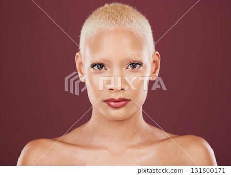 Portrait, beauty and woman in studio for makeup, wellness and cosmetic, natural and maroon or red background. Skincare, luxury and face of girl model relax with hygiene, skin and treatment isolated 131800171