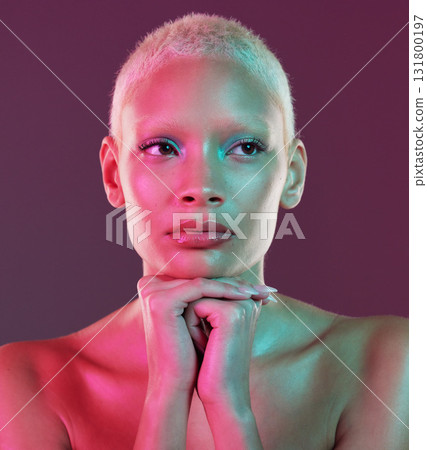 Neon beauty, art and woman with makeup and lights for creative skincare advertising on studio background. Cyberpunk, product placement and model isolated for skin care and futuristic mock up space. 131800197