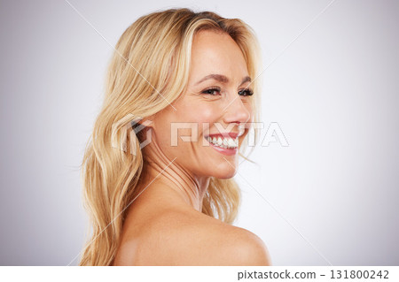 Skincare, happy and mature woman in studio for beauty, wellness and grooming on grey background space. Cosmetic, body care and female model relax in luxury, hygiene and dermatology while isolated Skincare, happy and mature woman in studio for beauty, wellness and grooming on grey background space. Cosmetic, body care and female model relax in luxury, hygiene and dermatology while isolated 131800242