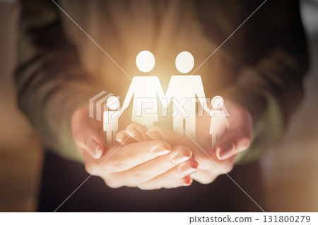 Hands, paper cut out and family for insurance, safety or support with 3d hologram with glow for hope. Woman, holographic overlay and open palm together for security, community and charity in night Hands, paper cut out and family for insurance, safety or support with 3d hologram with glow for hope. Woman, holographic overlay and open palm together for security, community and charity in night 131800279