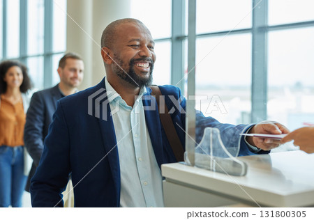 Counter, ticket and black man in airport for passport check or in hotel line for travel service. Happy customer person at security booth or glass window for business booking and buying pass at seller 131800305