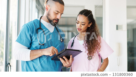 Tablet, reading and medical people, doctors or team analysis of healthcare, medicine study or wellness planning. Teamwork, report or clinic medic, nurses or surgeon review hospital collaboration 131800360