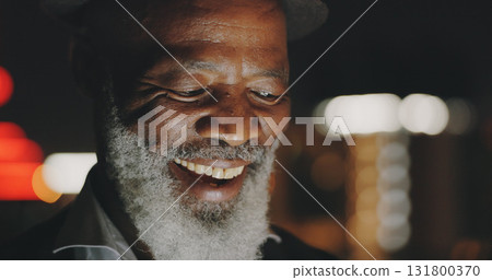 Face, night and business man on city rooftop outdoor on break with social media. Boss, ceo and smile of happy African male entrepreneur with professional work and company manager reading a article 131800370