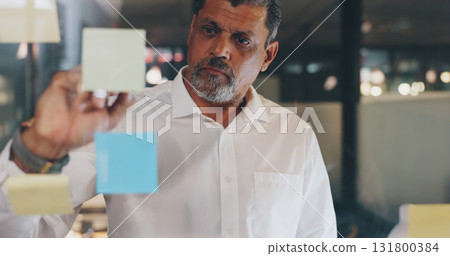 Writing, planning and senior business man in office at night for schedule, strategy or management. Agenda, goals and elderly male ceo with story board vision, target or kpi motivation and development 131800384