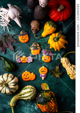 Halloween cookies in shape of ghost, jack-o-lantern and skull Halloween cookies in shape of ghost, jack-o-lantern and skull 131800385