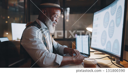 Black man, night and work at computer, typing and research for senior manager at creative agency. Office, late and professional businessman for website, technology and web design deadline at overtime Black man, night and work at computer, typing and research for senior manager at creative agency. Office, late and professional businessman for website, technology and web design deadline at overtime 131800390