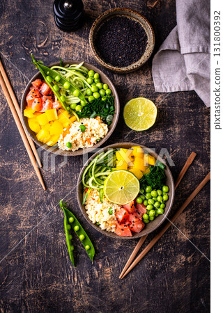 Healthy bowl with salmon and vegetables Healthy bowl with salmon and vegetables 131800392