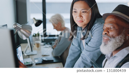 Training, coaching or a human resources asian woman with a black man employee in the office for introduction. Computer, collaboration and a young manager teaching a colleague about us and our vision 131800439