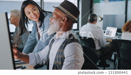 Smile, coaching or a human resources asian woman with a black man employee in the office for introduction. Computer, collaboration and a young manager training a colleague about us and our vision Smile, coaching or a human resources asian woman with a black man employee in the office for introduction. Computer, collaboration and a young manager training a colleague about us and our vision 131800441