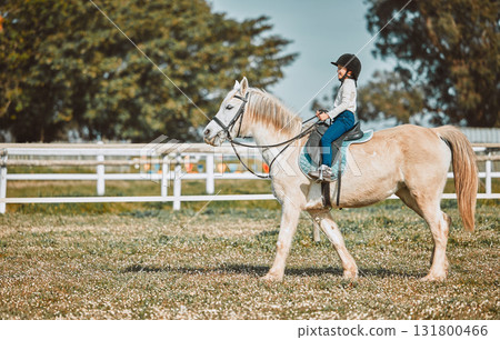 Horse riding, child equestrian and countryside with mockup and girl ready for sports training. Countryside, pet horses and outdoor sport with ranch animal in nature with mock up, mountains and grass 131800466