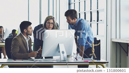 Teamwork, coaching and computer with business people in office for review, collaboration and planning, Strategy, designer and leadership with employee in digital agency for idea, learning and goals 131800601