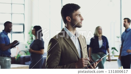 Tablet, research or business man thinking of social network feedback, customer experience review or ecommerce idea. Brand monitoring, online database or media worker review of online survey analytics 131800617