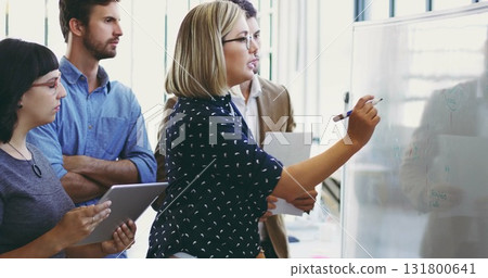 Presentation, teamwork and writing with business people in meeting for strategy, branding or marketing idea. Agenda, data or collaboration with woman speaker in workshop for leadership and planning 131800641