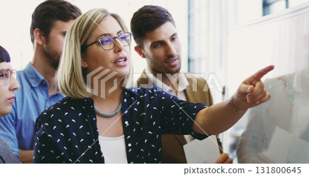 Presentation, mentor and coaching with woman in meeting pointing for strategy, branding or analytics chart. Agenda, data or collaboration with business people in workshop for leadership and planning 131800645
