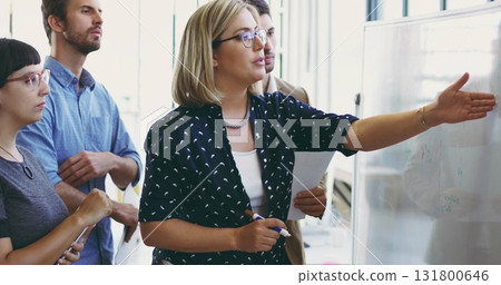 Presentation, planning and coaching with woman speaker in meeting for strategy, branding or training idea. Agenda, data or collaboration with business people in workshop for leadership and teamwork 131800646