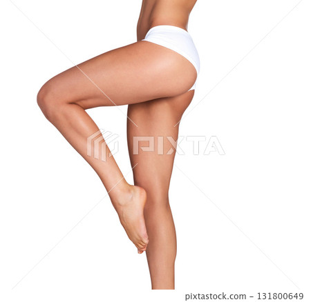 Legs, beauty and woman with mockup in studio for skincare, smooth and soft perfection on white background. Feet, leg and girl model relax in underwear for skin, glow or luxury wellness while isolated Legs, beauty and woman with mockup in studio for skincare, smooth and soft perfection on white background. Feet, leg and girl model relax in underwear for skin, glow or luxury wellness while isolated 131800649
