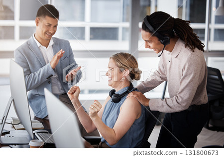 Customer service team, consulting or happy woman celebrate telemarketing on contact us CRM or ERP telecom. Information technology success, ecommerce diversity or people support call center consultant 131800673