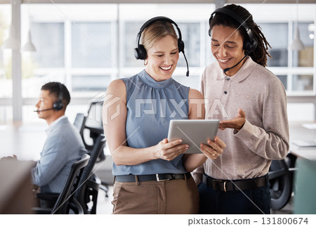 Call center, customer support and consultants on a tablet in the office planning a crm strategy. Telemarketing, customer service and team of agents doing research on a mobile device in the workplace. 131800674
