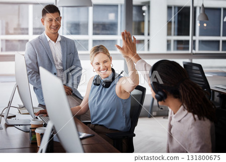 Customer support high five, consulting or team celebrate telemarketing success, contact us CRM goals or ERP telecom. Call center diversity, ecommerce winner or happy technical support consultant 131800675